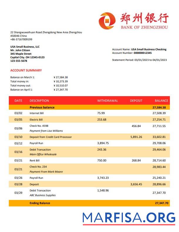 Blank Bank of Zhengzhou firm account statement Word and PDF template